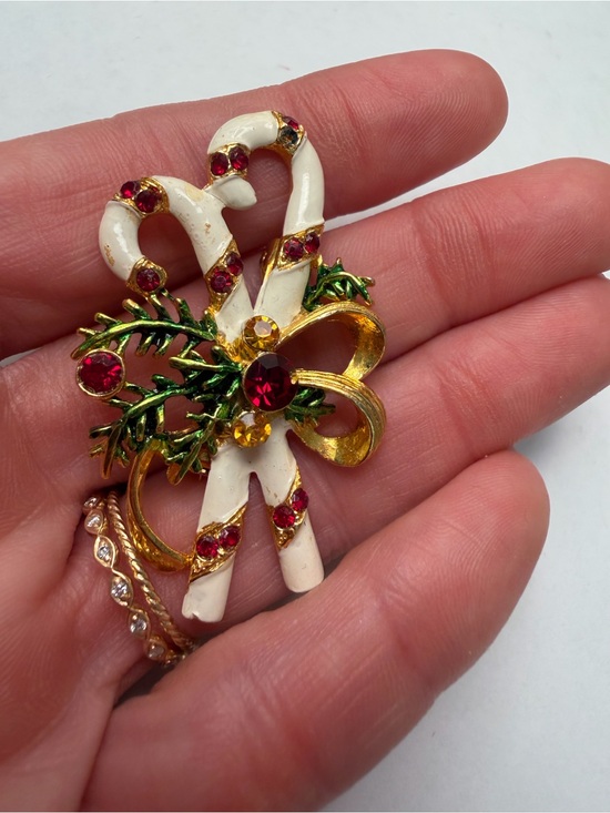 Jewelry - Vintage Festive Candy Cane Brooch with Red Crystals and Gold Accents